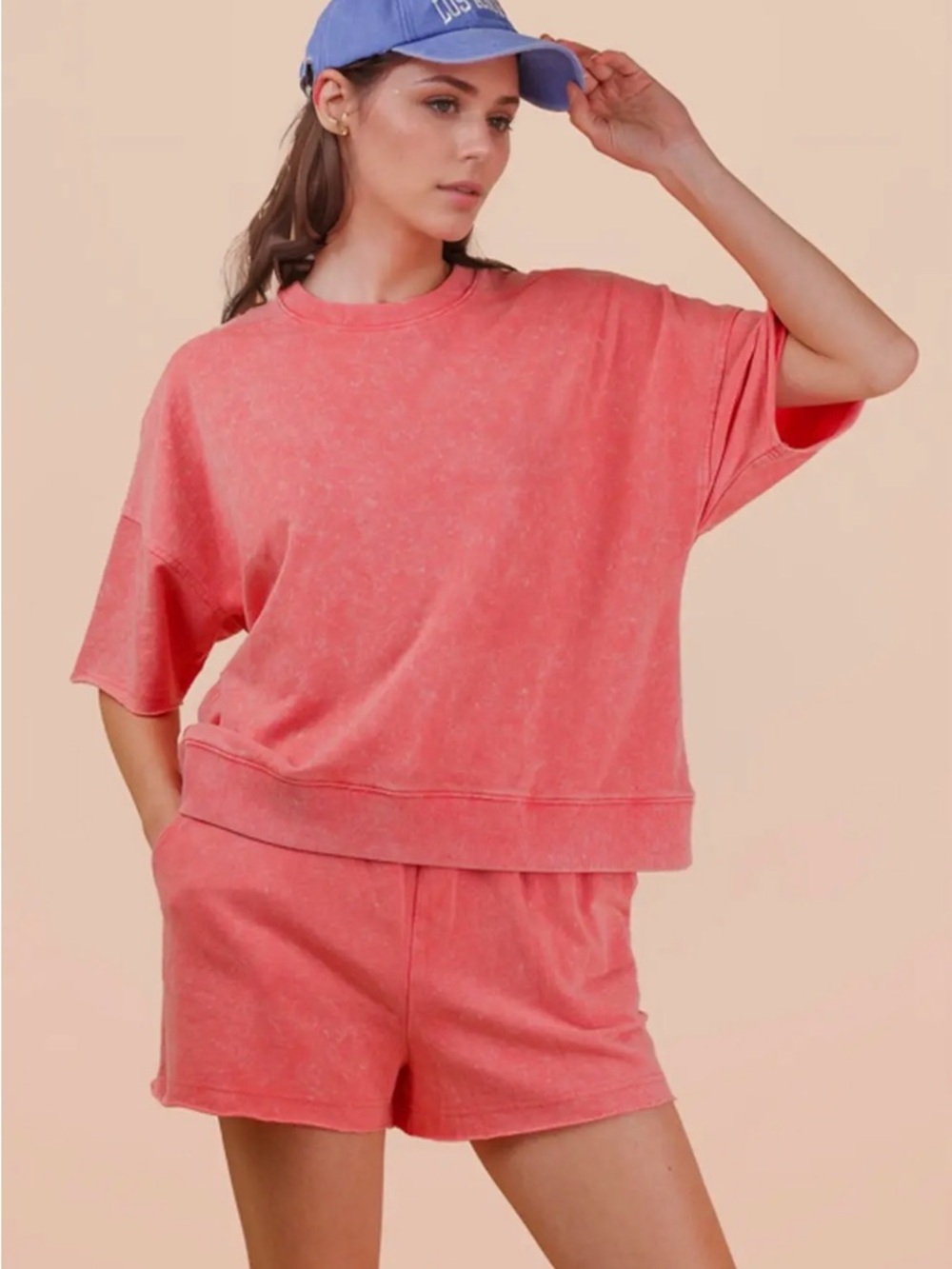 Coral mineral wash pocket boho top and tie waist short resort Lounge comfort set